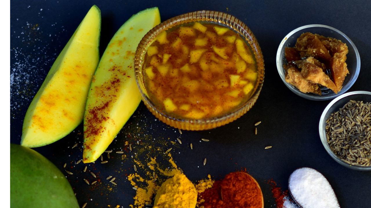 Raw mango Murabba is a sweet preserve of peeled and cubed raw mangoes cooked very slowly with natural sweeteners and spices. (Representational image source: Canva).